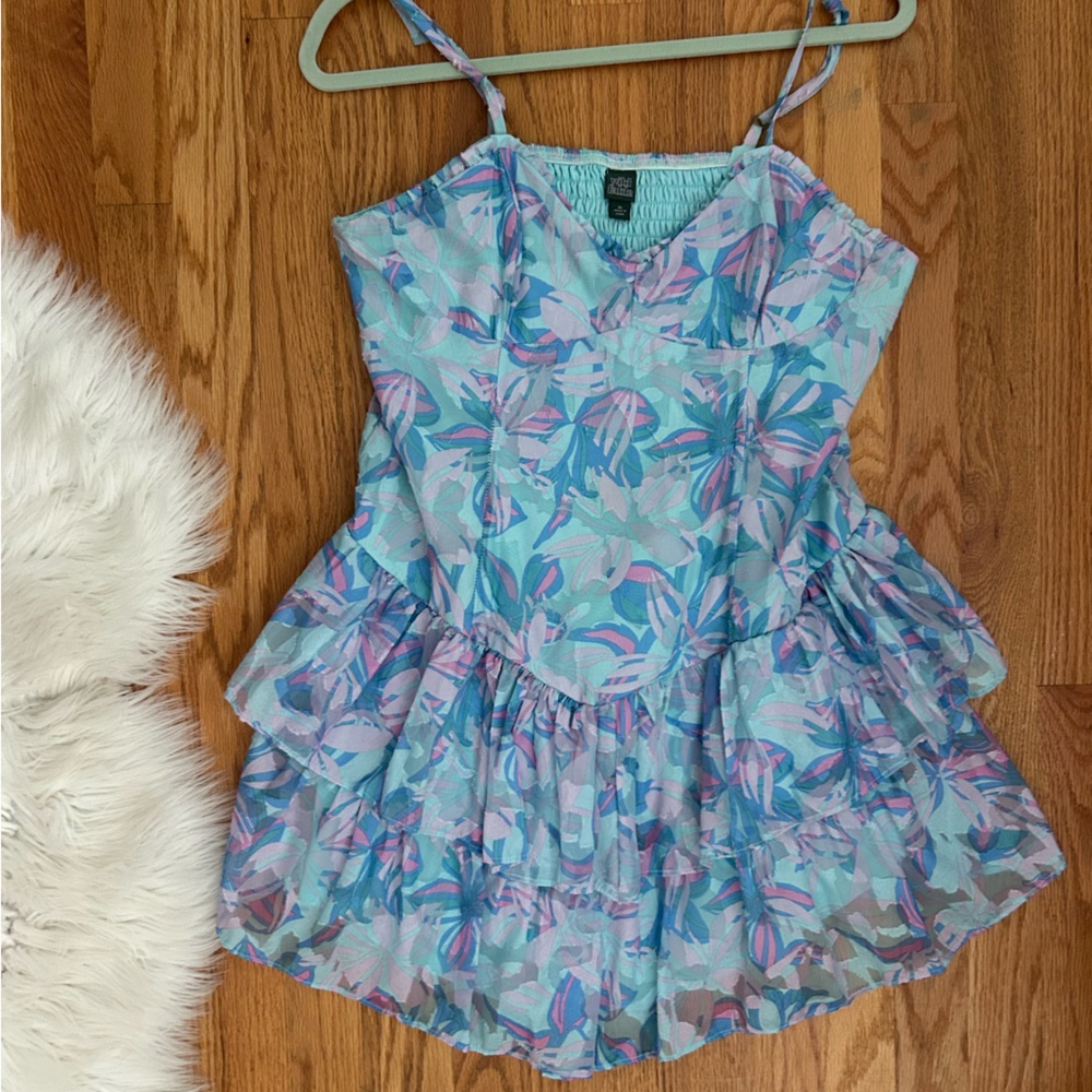 Wild Fable blue floral babydoll dress with ruffles and tie straps